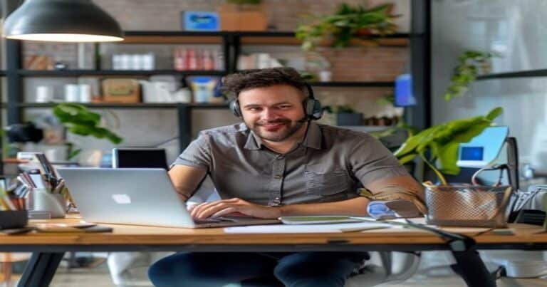 Small business owner at desk using AI phone system to never miss a customer call